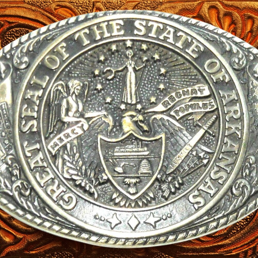 Arkansas State Seal Solid Brass Tony Lama 80s Vintage Belt Buckle